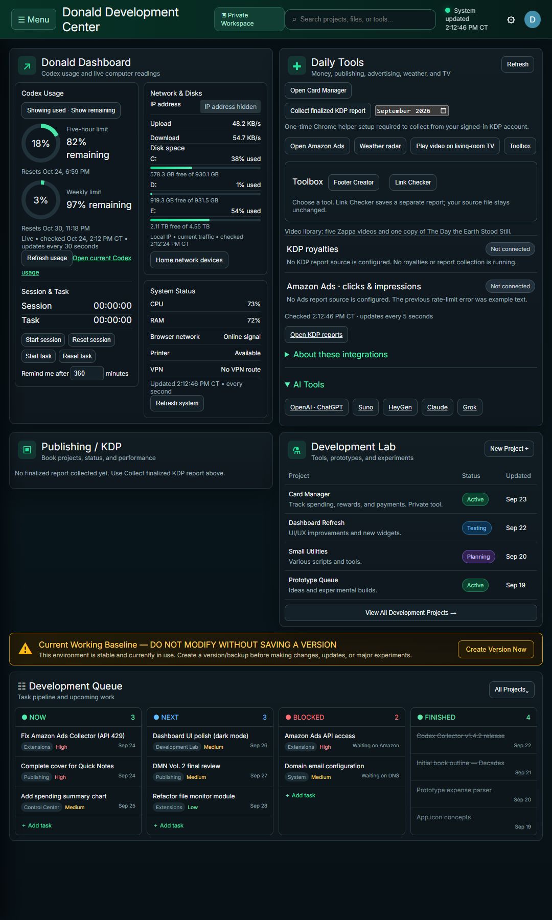 Actual Donald Development Center interface with the IP address hidden; four main cards, working baseline warning, and development queue