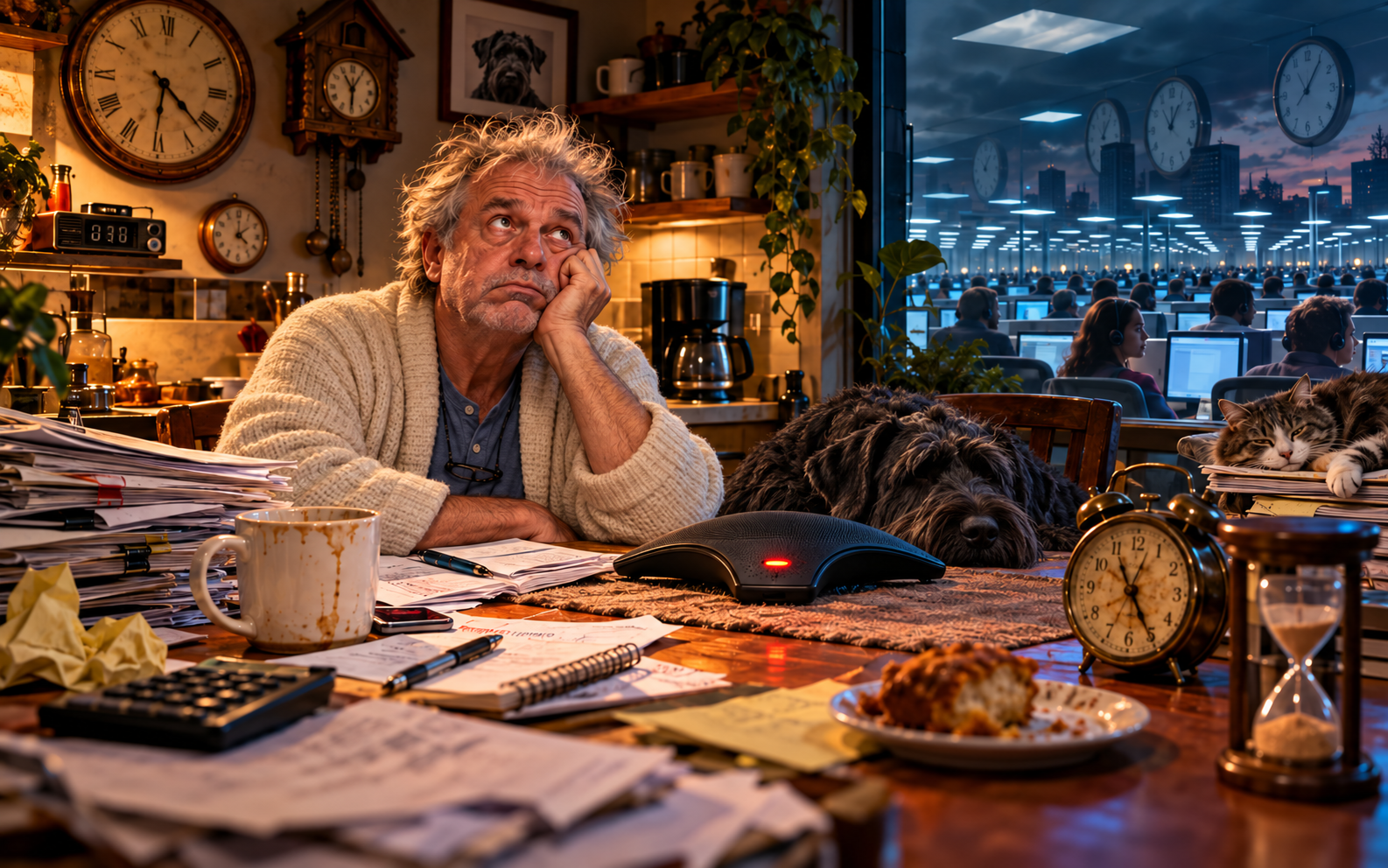 Your Call Is Important to Us: a customer waiting on hold amid clocks and paperwork